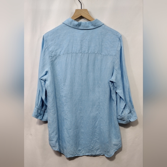 Coldwater Creek 100% Linen Button-Up Shirt Womens 1X Blue Boho Retro Minimalist - Picture 5 of 9